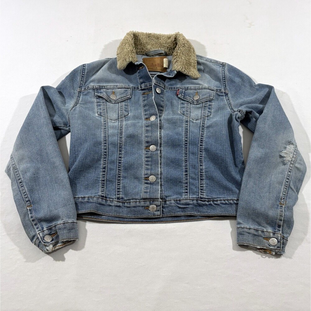 VTG Levis Jacket Womens Denim Jean Sherpa Collar Y2K Trucker Blue Crop Coat Sz M